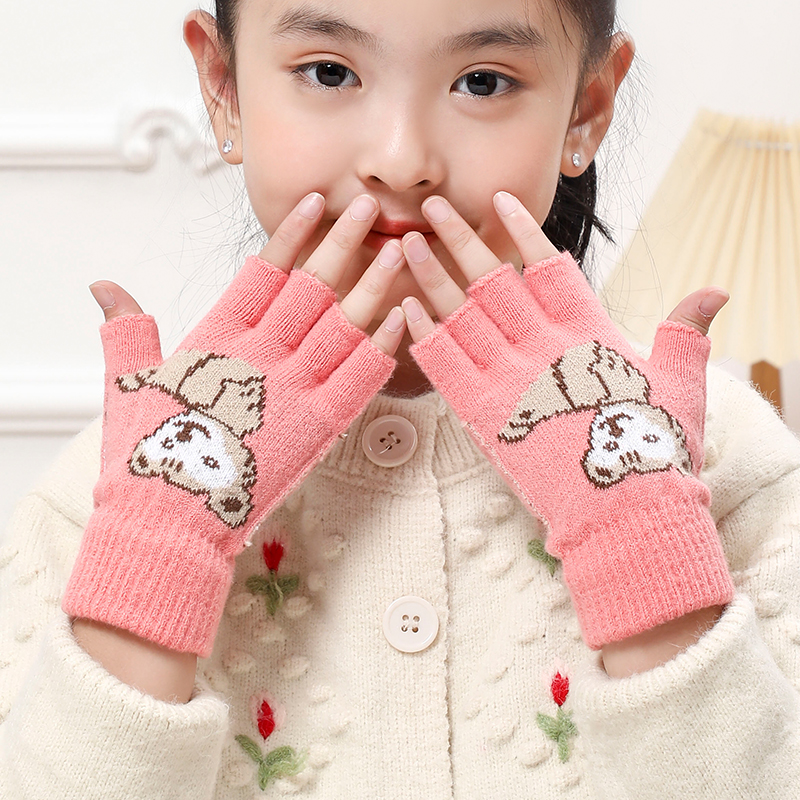 儿童毛线手套男女童秋冬季针织保暖半指可爱卡通小孩漏五指中童冬