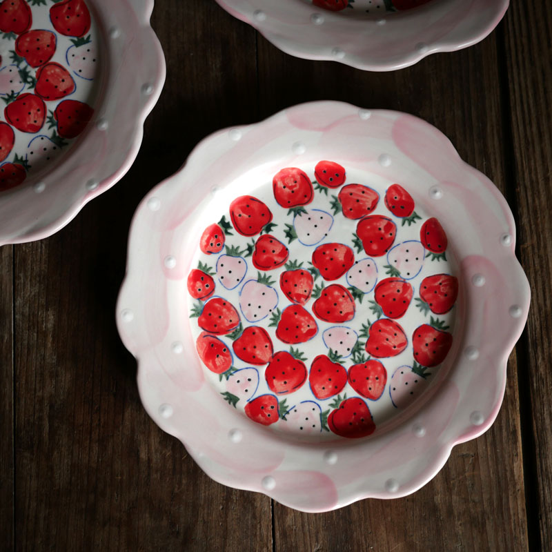 M1988日本设计款山口日式麻子小草莓兔子陶瓷手绘手作甜品盘餐盘