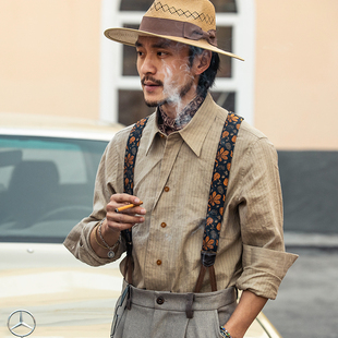 soarin复古英伦风亚麻长袖衬衫男 条纹痞帅商务休闲棉麻西装衬衣