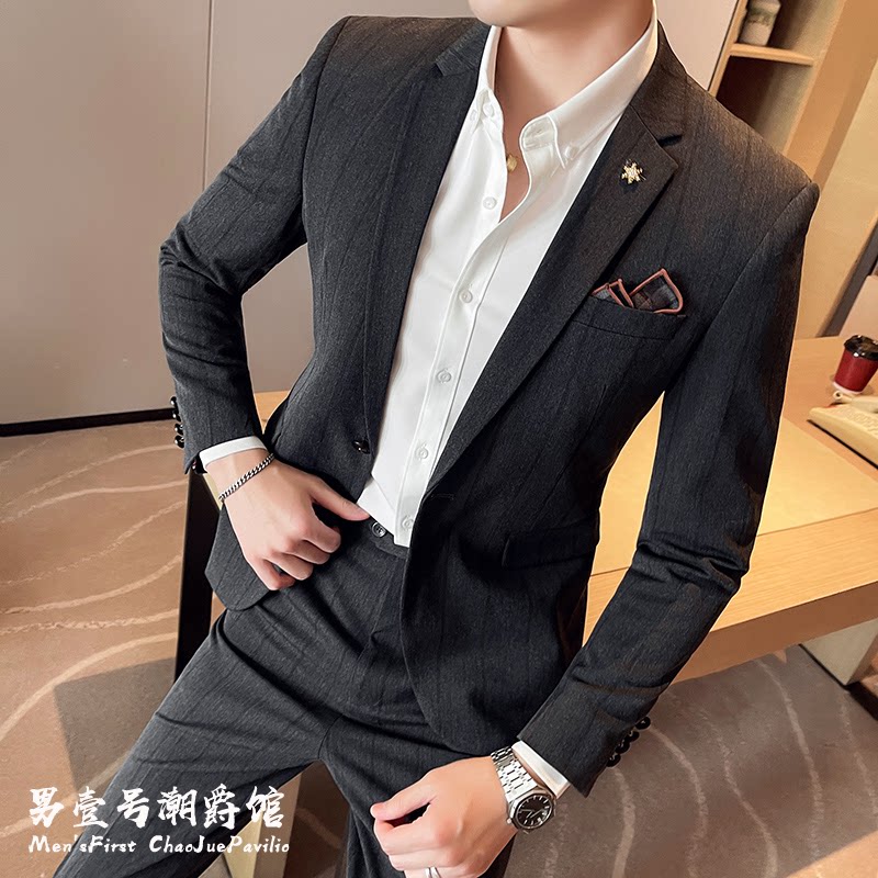 高级感西装男套装修身韩版帅气正装结婚网红痞帅暴徒西服新郎礼服