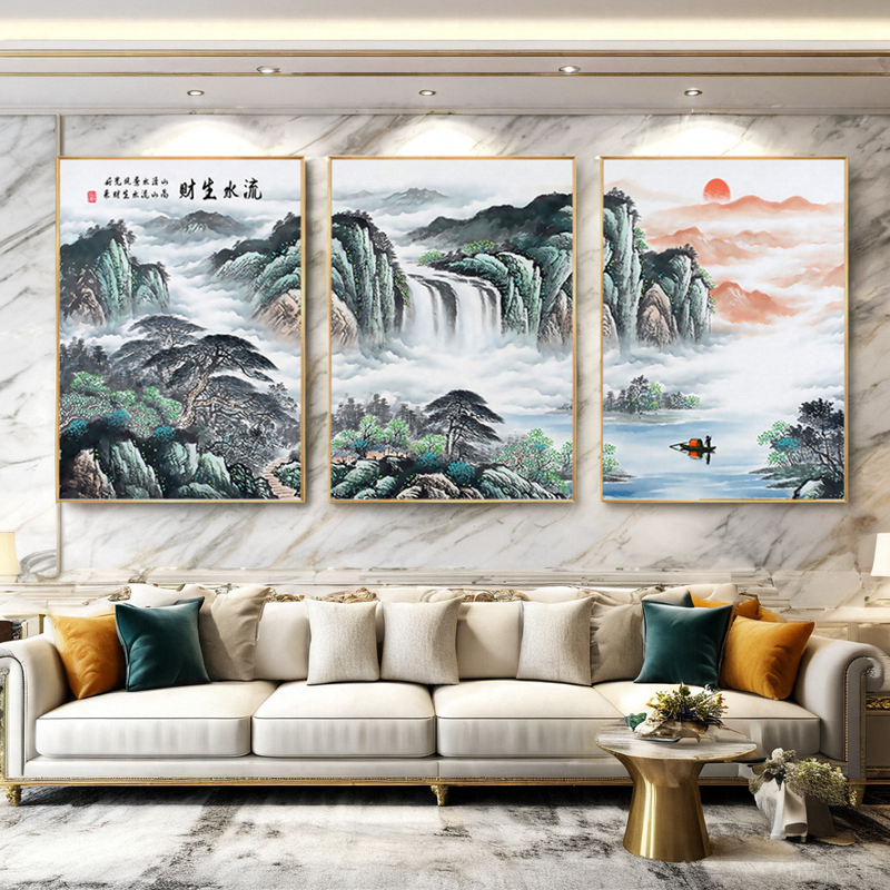 中式客厅装饰画山水画挂画高档风水聚财茶室画国画背有靠山三联画