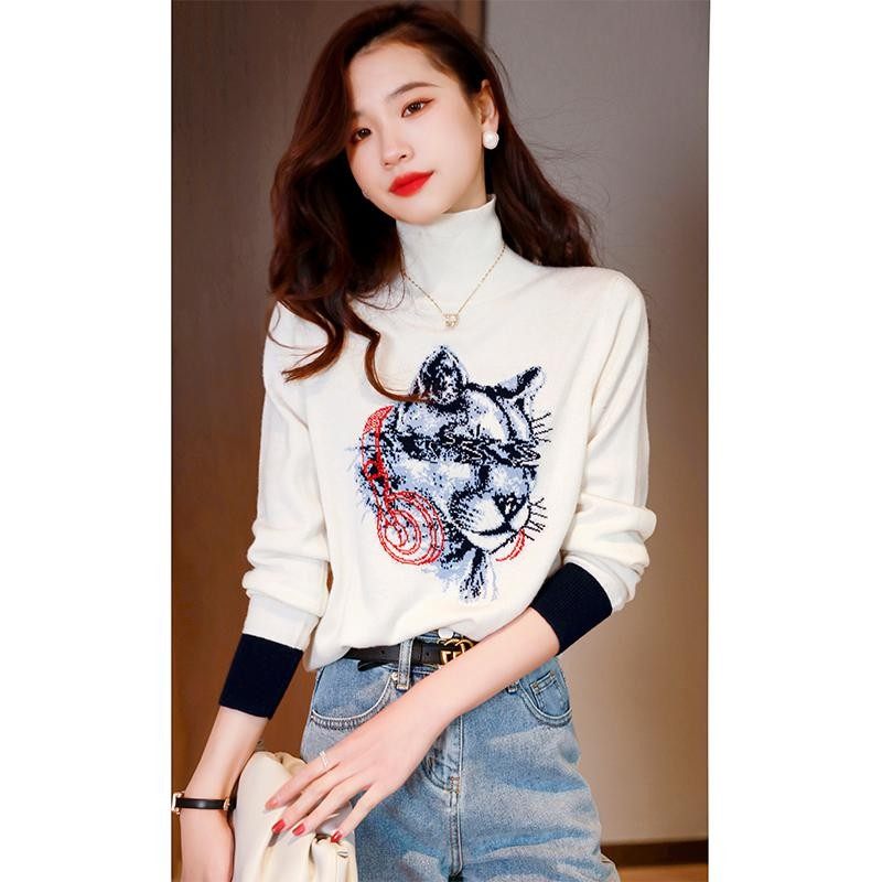 正品欧哥弟人秋冬新款长袖动漫羊毛针织衫高领毛衣时尚长袖上衣女