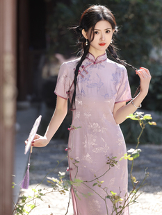 紫色人丝提花2024新款旗袍旧上海复古新中式改良年轻款少女连衣裙