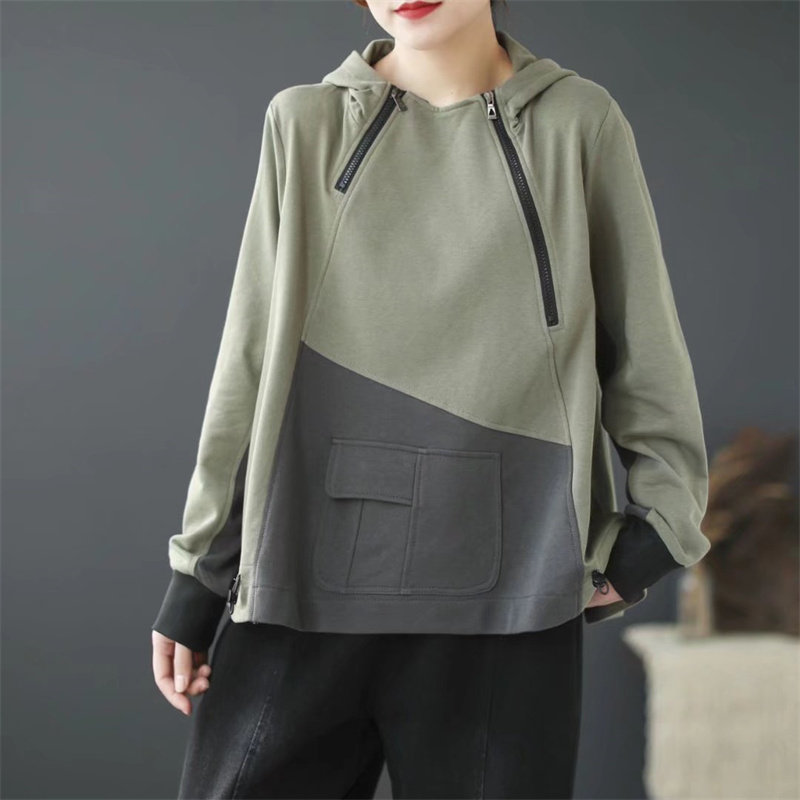 春装新款文艺范撞色拼接拉链连帽卫衣女胖mm宽松大码套头帽衫女
