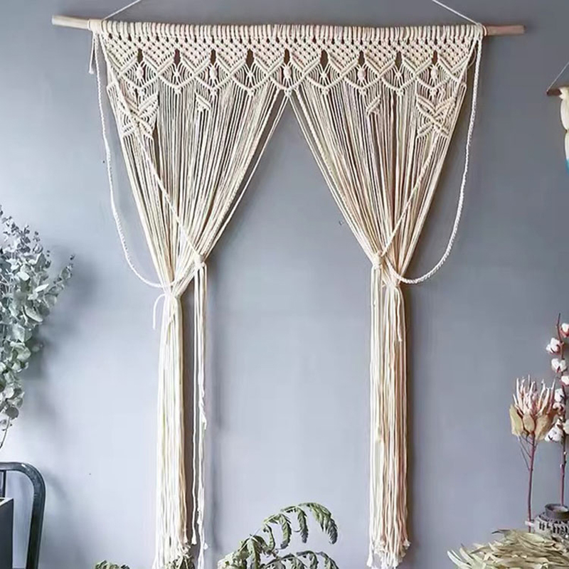 简约北欧ins风手工编织门帘棉绳隔断帘免打孔阳台装饰帘流苏线帘