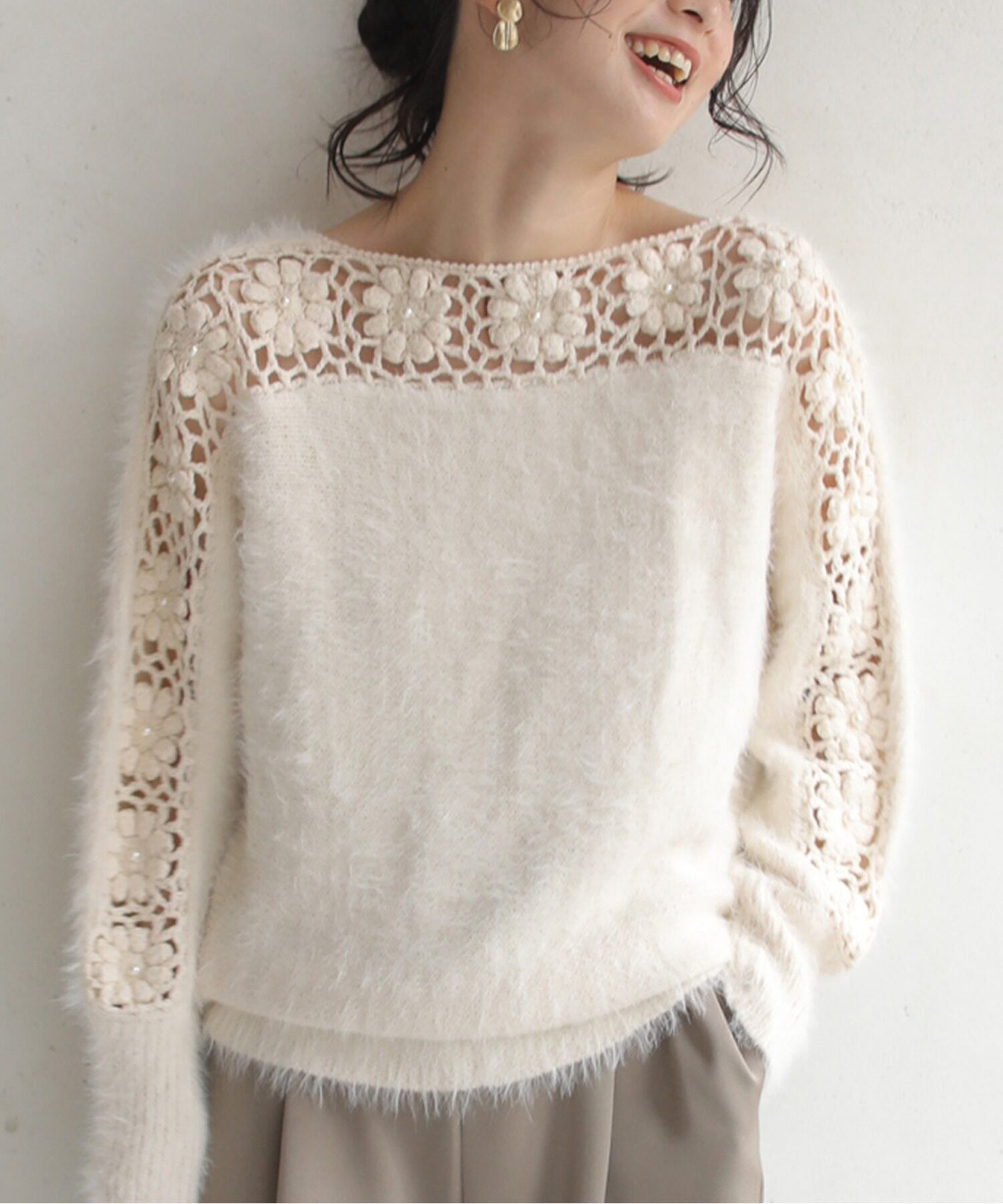 包拼邮 日本代购 cawaii 花朵镂空甜美气质宽松纯色长袖毛衣针织