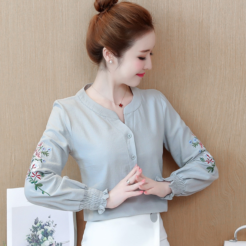 秋裝2019新款女裝韓版百搭純棉女長袖襯衫刺繡全棉打底衫洋氣上衣在類目 女裝/女士精品, 襯衫中 - 來自Buy2taobao.com提供專業的淘寶代購服務