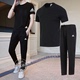 阿迪达斯运动套装男子黑色跑步两件套短袖长裤春季T恤透气休闲裤
