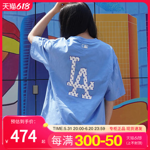 MLB蓝色短袖T恤夏季男女装大标印花复古老花休闲运动服3ATSM0343
