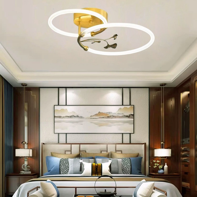 新中式全铜卧室吸顶灯轻奢圈形禅意书房灯具个性时尚银杏叶LED灯