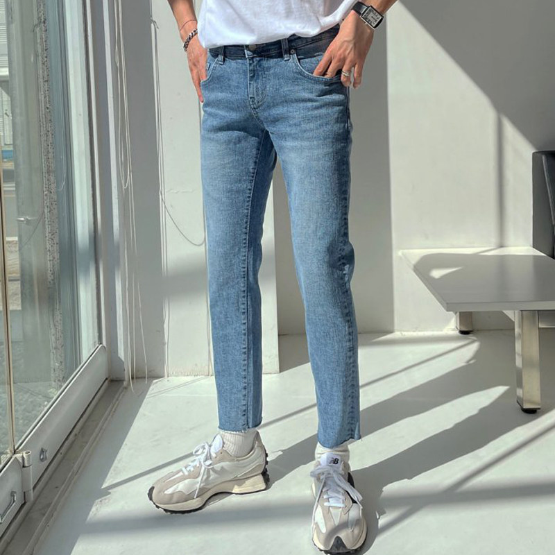 21新款韩国代购男裤磨边裤脚弹力腰围修身小脚九分牛仔裤男pt1387