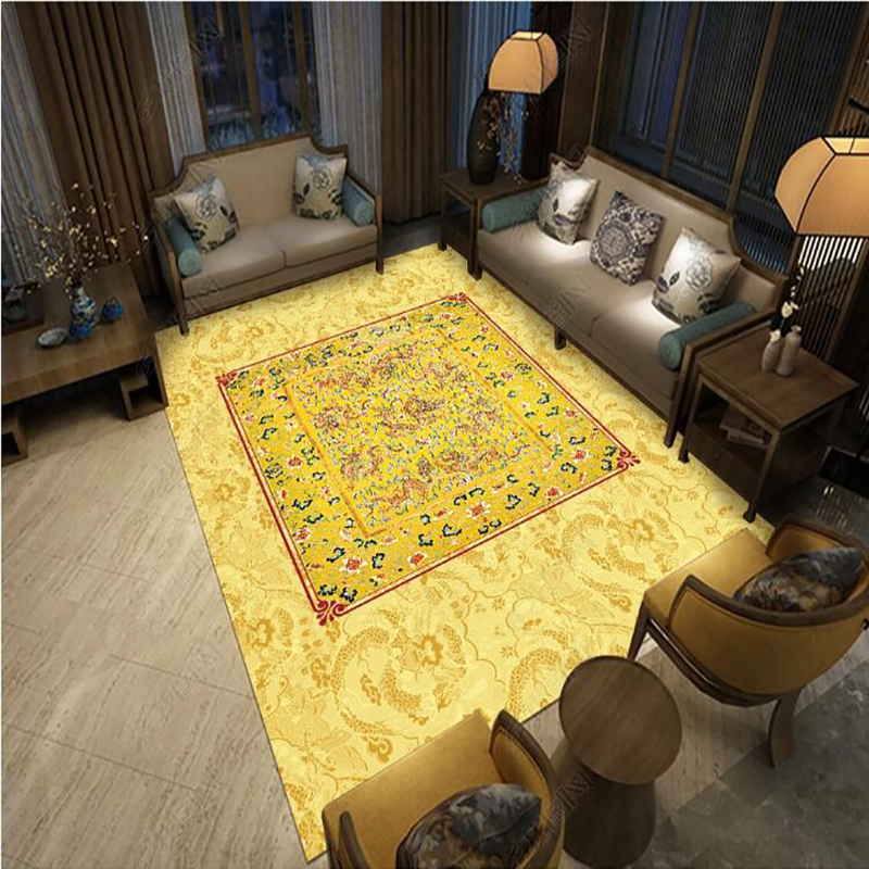 新中式客厅地毯国风古典龙纹明黄色地垫搭配条案宫廷风明清复古垫