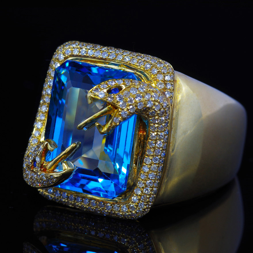 视频实拍16.33ct瑞士蓝托帕石18k黄金天然真钻蓝宝石点睛富贵戒