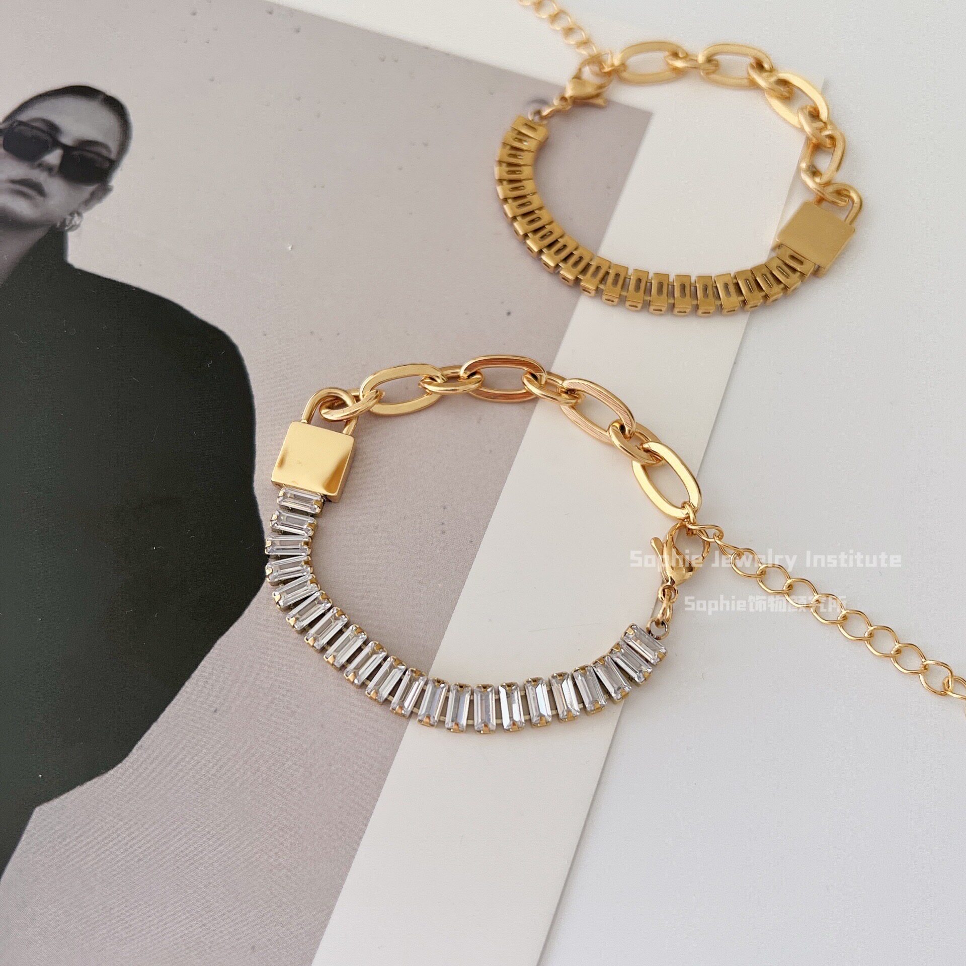sophie饰物颜究所欧美古巴手链ot金色镶嵌天然纯银宝石拼接链条