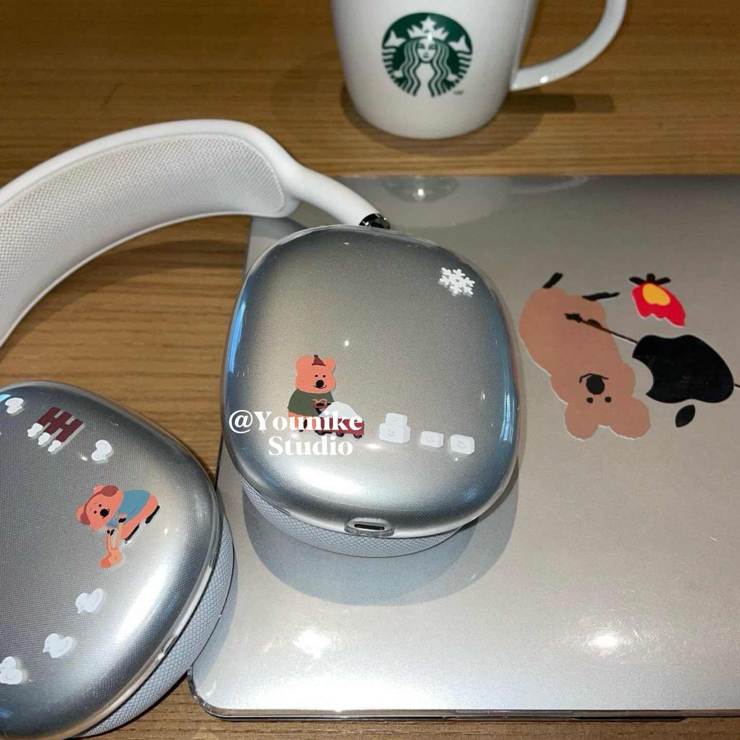 韩系ins风小众简约可爱堆雪人的小熊适用于苹果AirPods max头戴式耳机保护套软壳透明轻薄