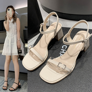高跟凉鞋女2023年夏季新款时尚粗跟鞋子一字扣带法式小凉鞋配裙子