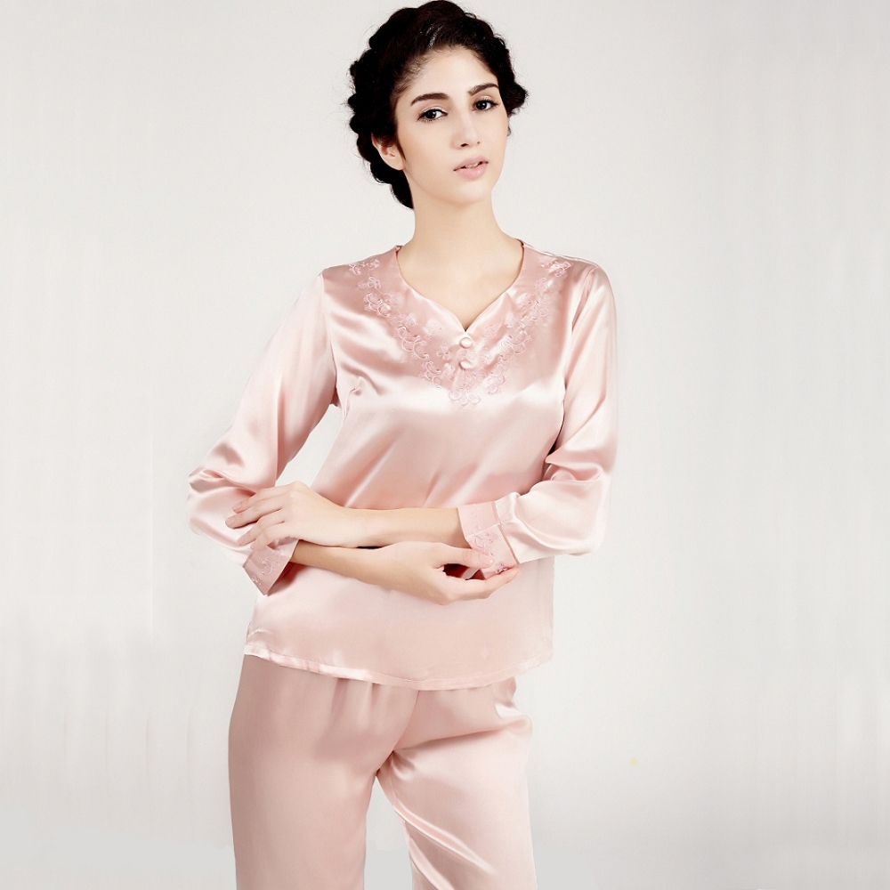 100%桑蚕丝睡衣女春秋夏长袖长裤分体丝绸套装真丝睡衣绣花家居服