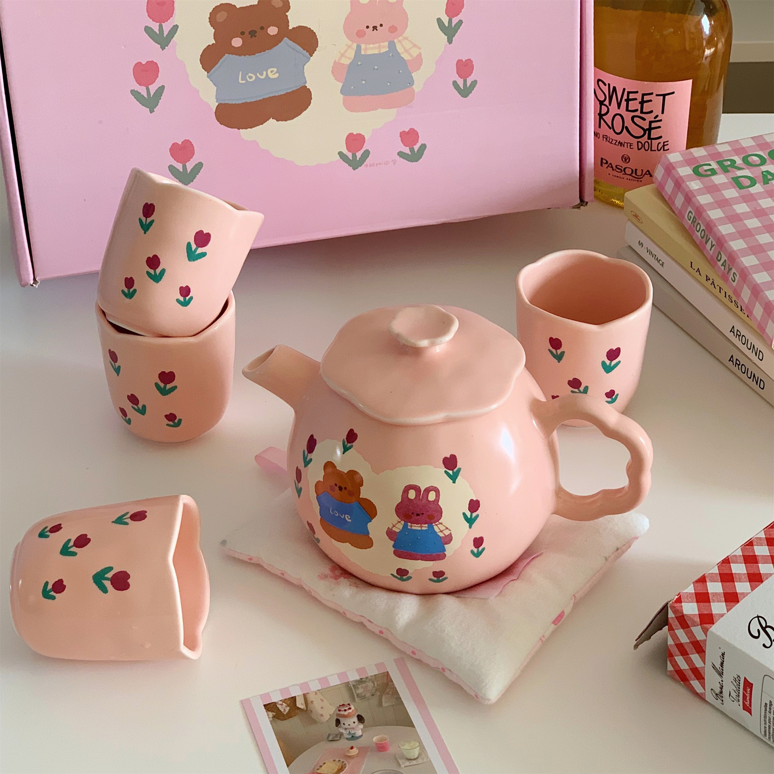 小熊与小兔粉色茶具套装茶壶套装可爱杯子马克杯陶瓷杯礼物礼盒