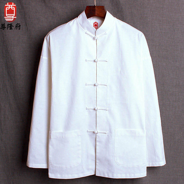 传统长袖民国唐装男士打底衫乳白色棉麻文艺居家大码古风居士服秋