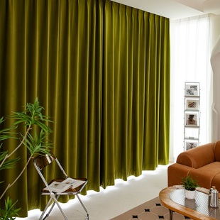 2023年绿色全遮光丝绒窗帘简约轻奢美式复古风卧室客厅橄榄绿窗帘