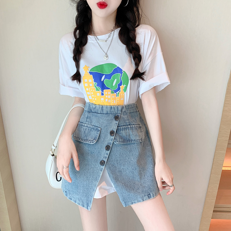 PF14731# 实拍实价 百搭印花短袖长T恤裙+排扣开叉牛仔短裙套装女显瘦套装女裝貨源服裝批發