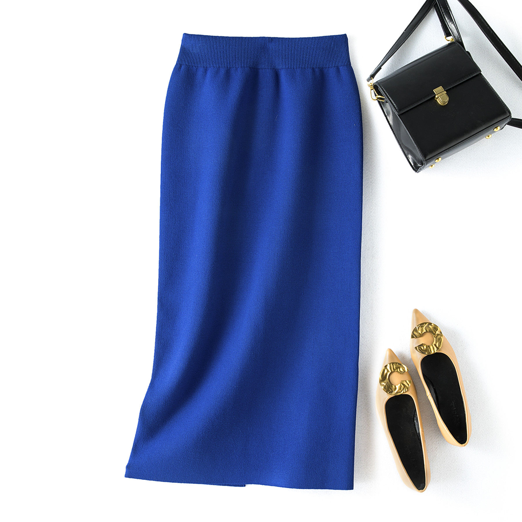 不起球~克莱因蓝冰丝针织半身裙开叉中长款显瘦松紧腰包臀一步裙