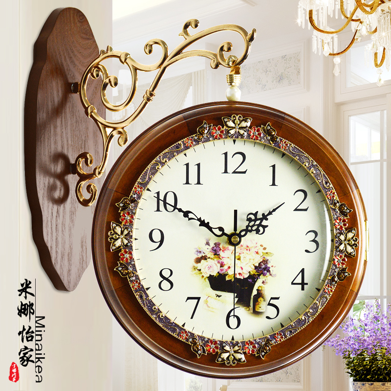 米娜怡家欧式双面挂钟时尚大号客厅静音时钟创意田园简约石英钟表