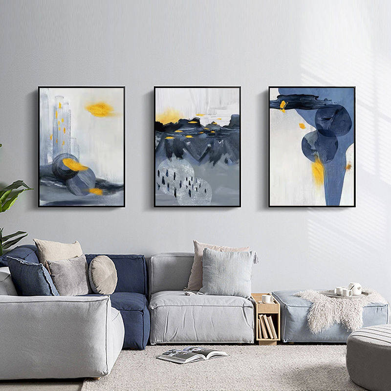 客厅装饰画现代简约北欧沙发背景墙挂画手绘油画三联画轻奢玄关