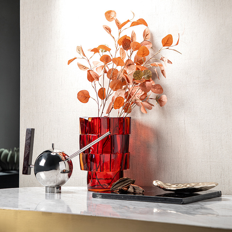 方片叠叠红色透明树脂花器创意家居酒店工艺品装饰品摆件简约风格
