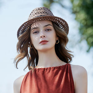 跨境新款欧美手编小礼帽女春夏编织草帽英伦风度假休闲拉非草帽子