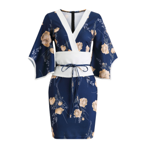 Large flower waist shaping wrap hip kimono dress