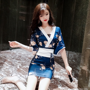 Large flower waist shaping wrap hip kimono dress