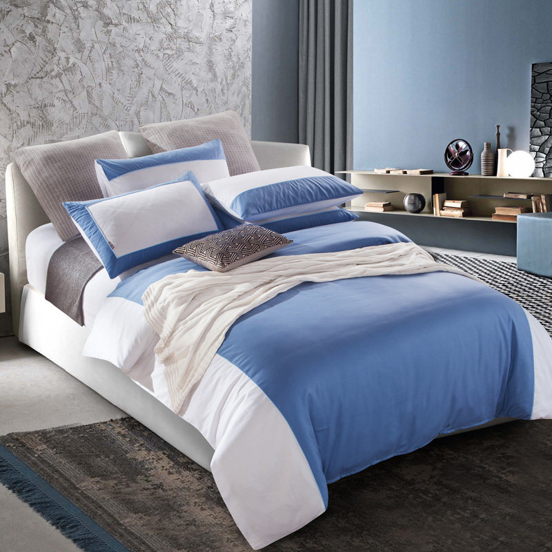 五星级酒店宾馆80支全棉贡缎四六件套男士简约蓝色拼接1.5/1.