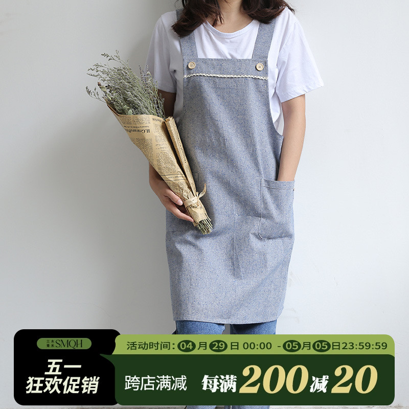 日式简约文艺棉麻厨房家用背肩围裙美甲烘焙花店服工作服定制LOGO