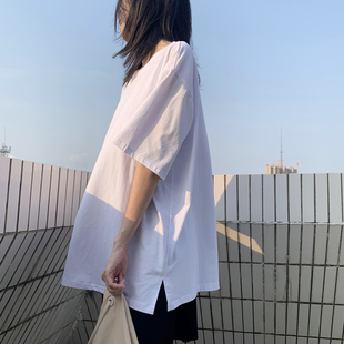 纯棉圆领短袖t恤女夏季宽松中长款半袖开叉白色上衣ins超火潮网红