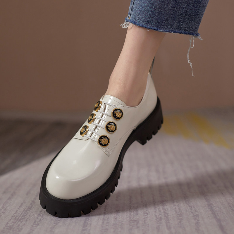 (今日10折)英伦风真皮厚底乐福鞋女2021春秋学院风中跟单鞋一脚蹬懒人