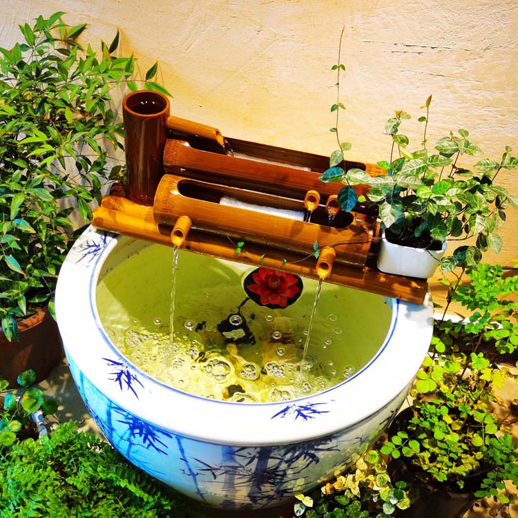 竹子流水器循环别墅庭院造景招财摆件陶瓷石槽鱼缸水池加湿过滤器