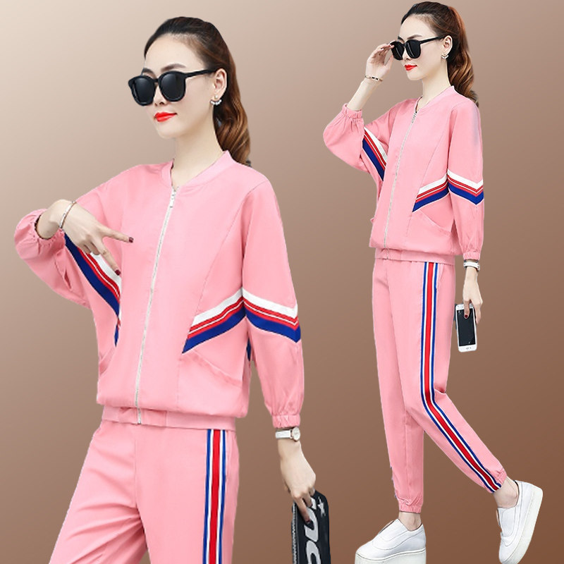 粉色休闲运动服套装女早秋初秋时尚秋季韩版宽松棒球d2957/p75