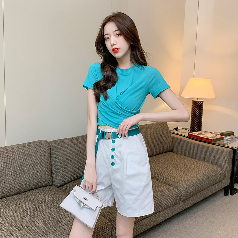 实拍休闲套装女夏装2021新款韩版时尚短袖短裤两件套套装