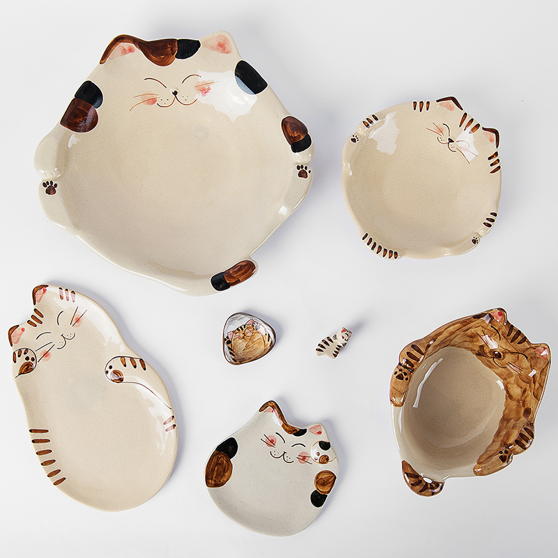 日本制波佐见烧菊祥窑纯手工创意可爱猫造型粗陶餐盘水果沙拉盘子