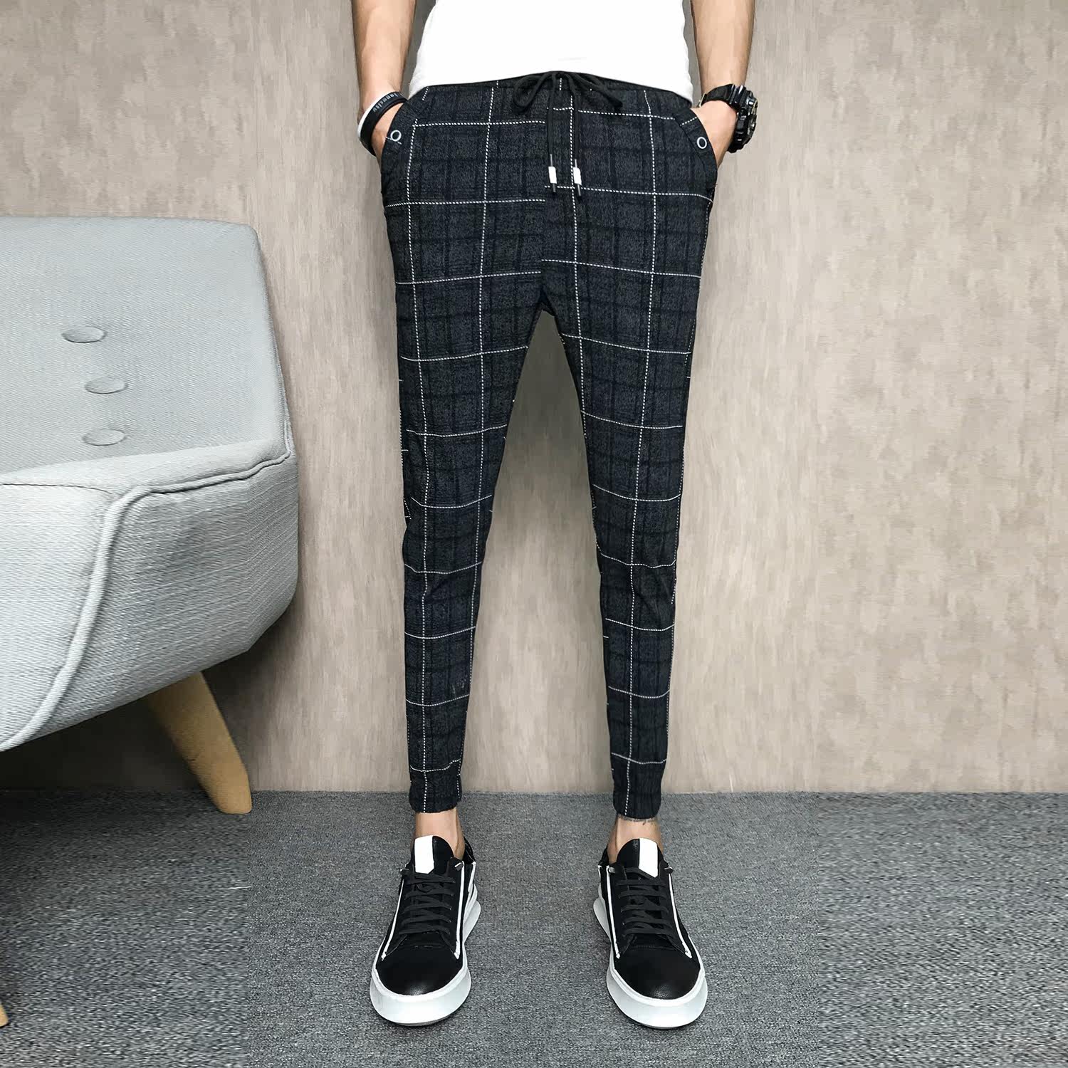 大货格子裤男精神社会小伙薄款修身九分裤束脚休闲裤1001k187p40