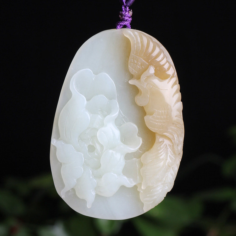 天然新疆和田吊坠男女士玉石项链浴火凤凰挂件一枝独秀玉佩