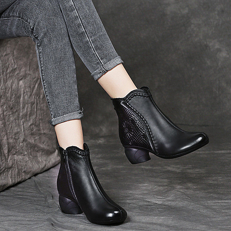 2021秋冬新款真皮短靴女妈妈鞋软底舒适单靴中跟加绒保暖女士皮靴