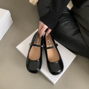 黑色玛丽珍鞋女鞋子2023年秋冬新款浅口粗跟法式配裙子气质单鞋