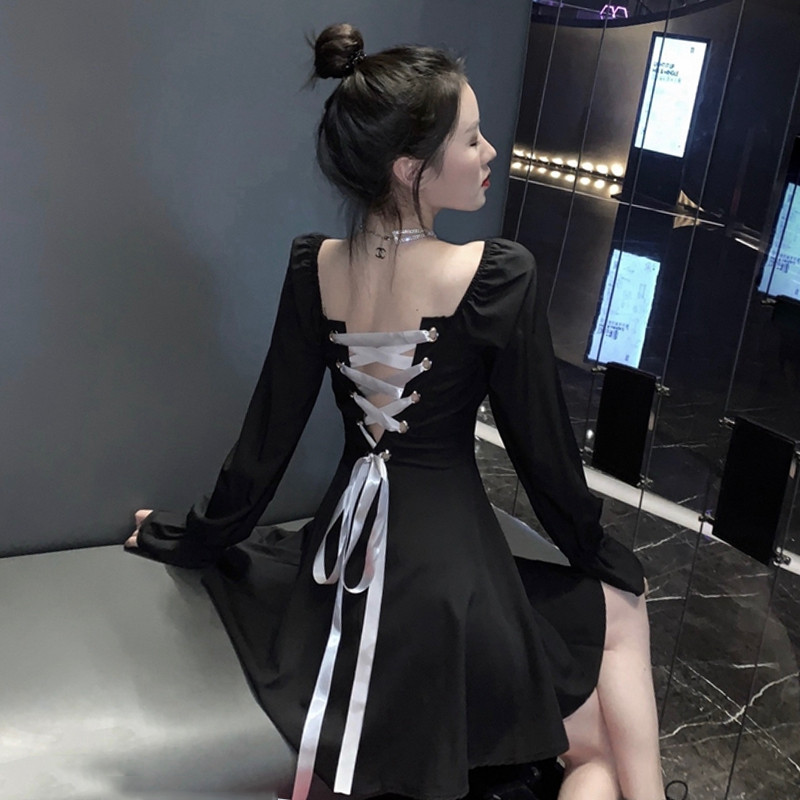 法式大码胖MM洋气减龄连衣裙2020春装露背绑带性感心机小黑裙显瘦|ruв категории Женская одежда, женской одежды - от Buy2taobao.com для оказания профессиональной услуги покупки агента Taobao