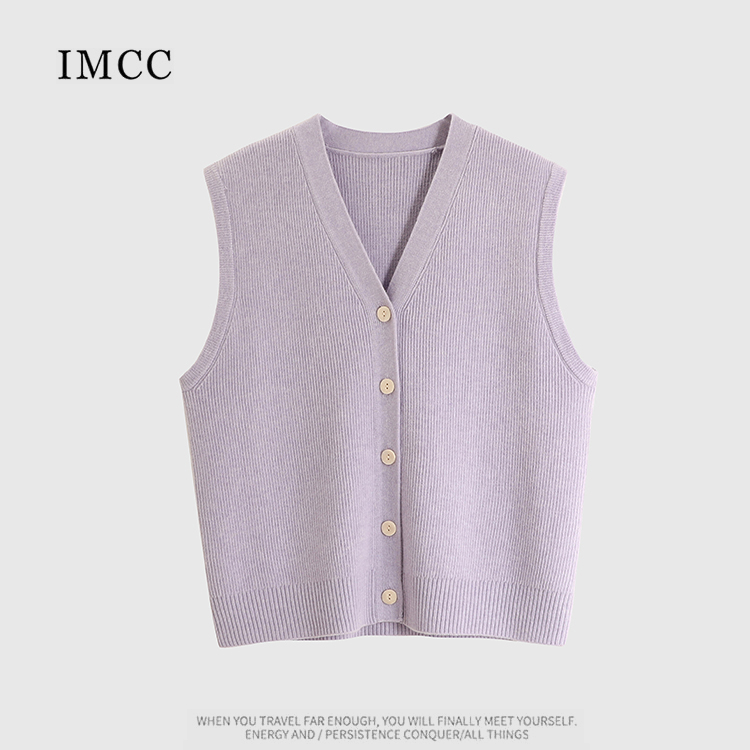 IMCC设计感小众纯色简约气质V领针织马甲开衫女宽松无袖背心上衣
