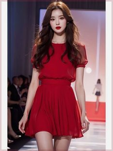 茶歇法式红色短袖雪纺连衣裙高冷御姐风绝美小裙子女2024夏季新款