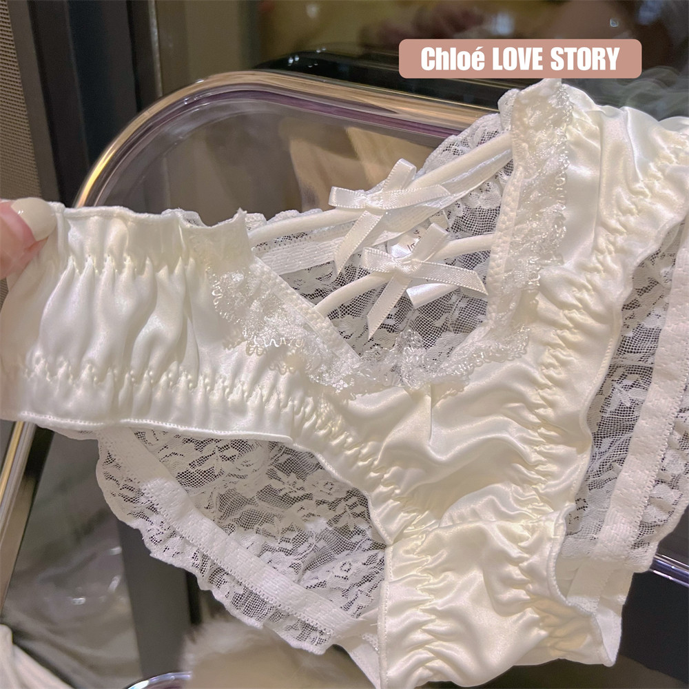 纯欲小姐姐~性感镂空纯白黑色蕾丝边低腰三角内裤青年少女缎面
