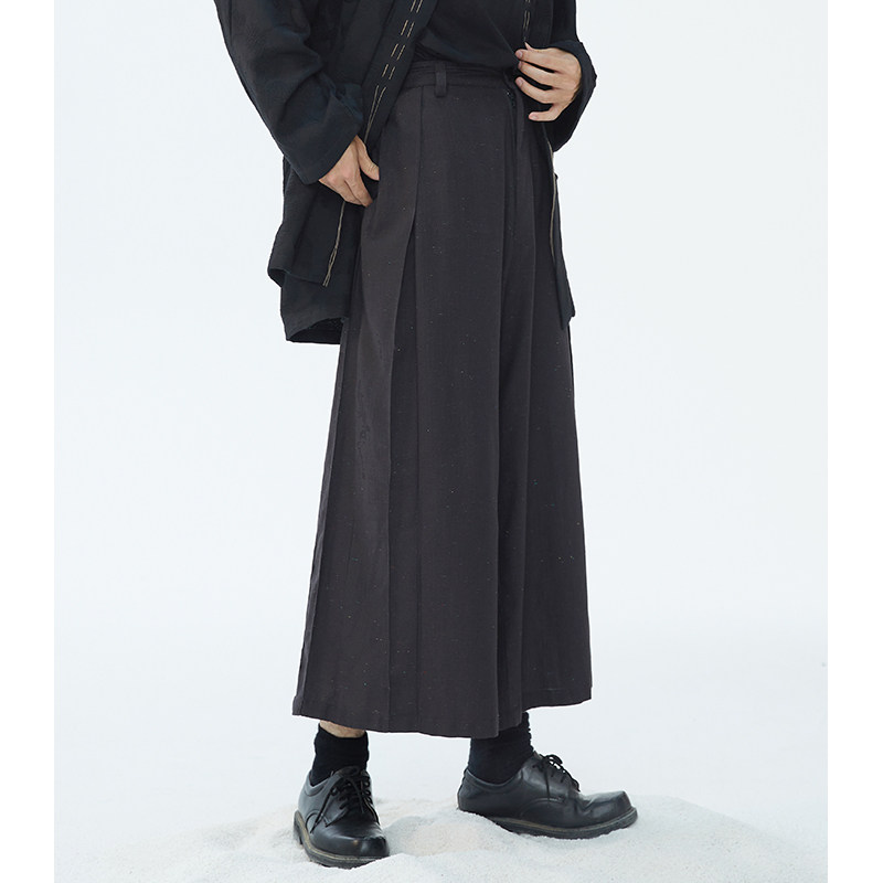 本相织物日式复古黑色高腰改良武士裤剑道裤 仙气黑裙九分阔腿裤