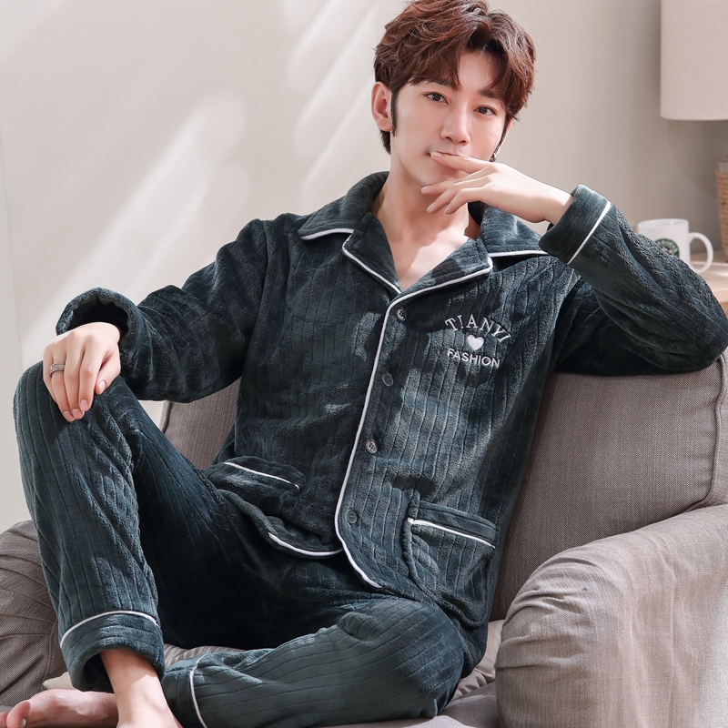 睡衣男秋冬长袖加厚法兰绒套装男珊瑚绒加绒中老年大码春秋家居服